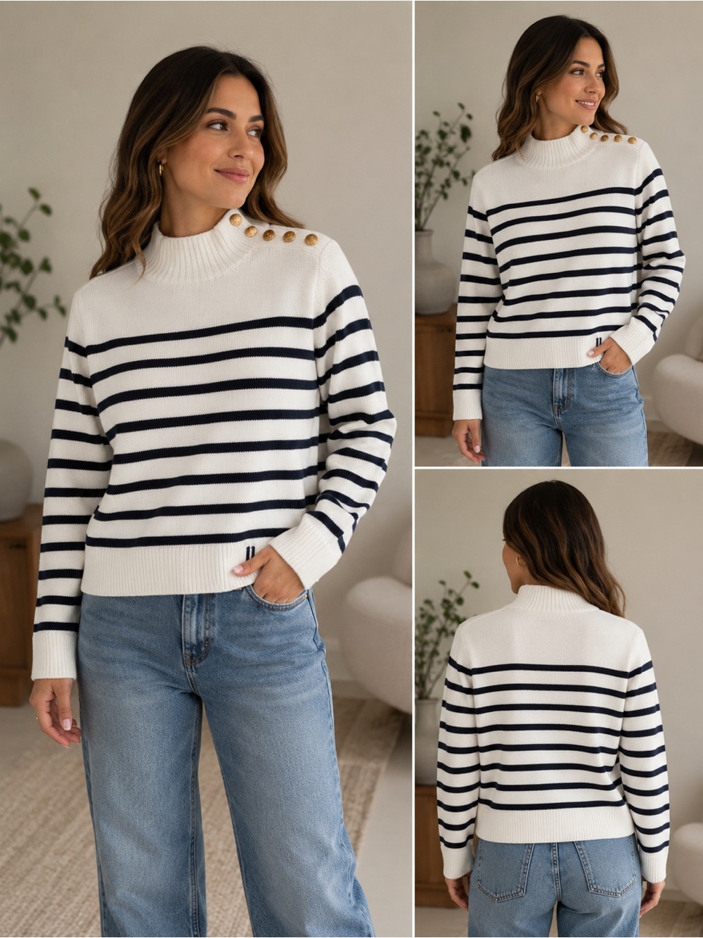 Court & Rowe Striped Button-Shoulder Sweater - White/Navy